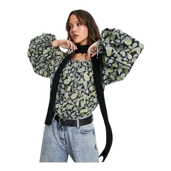 FREE PEOPLE Women SZ L Off-Shoulder Boho Paisley Print Bodysuit Top Long Sleeves - Picture 12 of 14